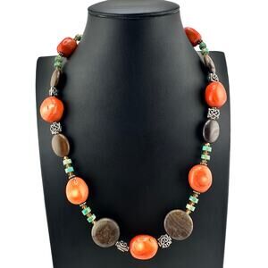 Coral Turquoise Jasper 925 Sterling Silver Chunky Beaded Bali Style 20" Necklace